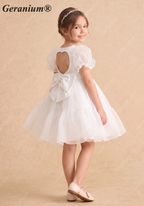 Geranium Heart Back Puff Sleeve Flower Girl Dress - Elegant Tulle Princess Party Gown KD-294