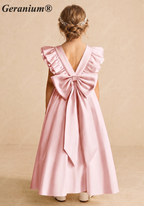Geranium Elegant Flutter Sleeve Pink Satin Flower Girl Dress with Oversized Back Bow KD-300