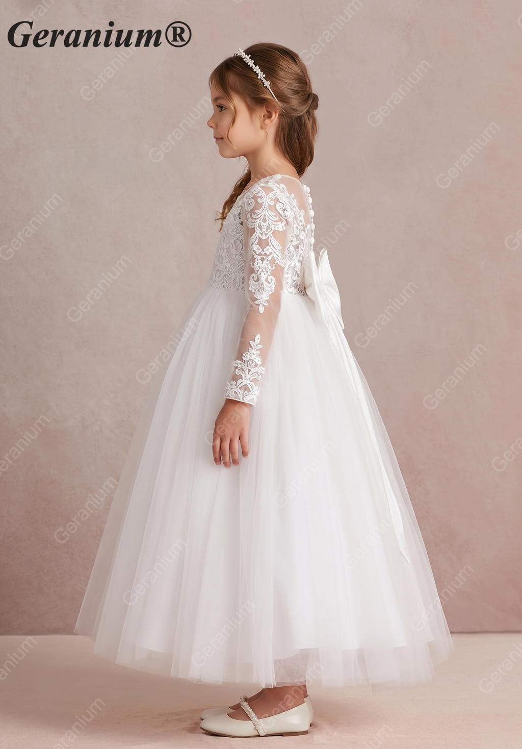 Geranium Elegant Lace Long Sleeve Flower Girl Dress with Oversized Back Bow & Tulle Train KD-208