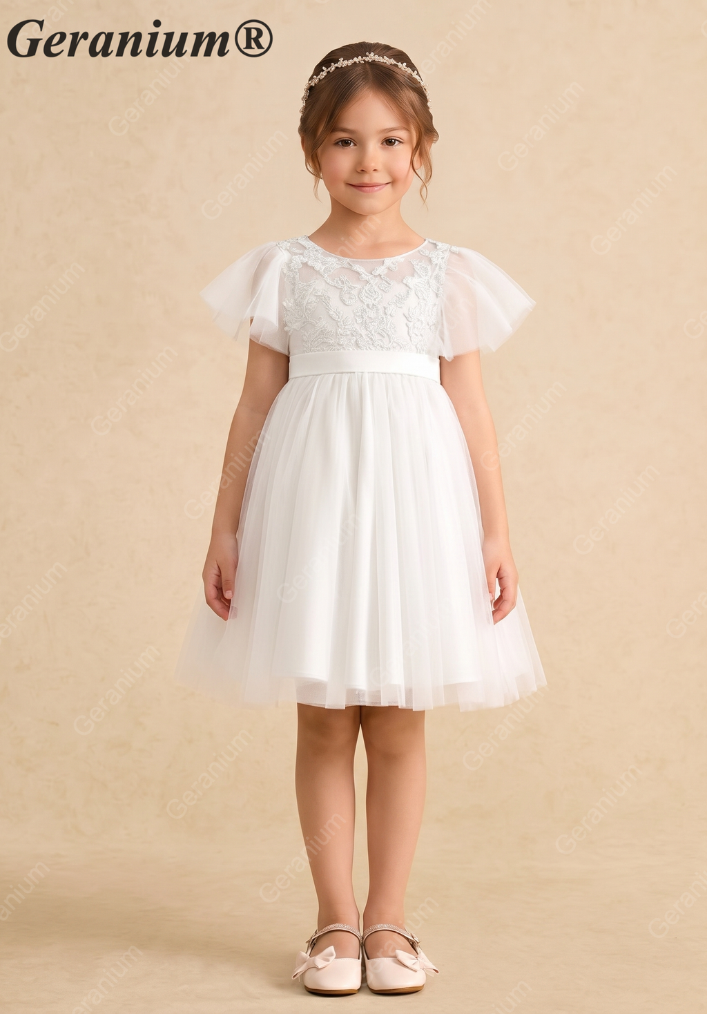 Geranium Elegant Lace Flower Girl Dress with Flutter Sleeves & Satin Bow - Knee Length Tulle Princess Gown KD-247