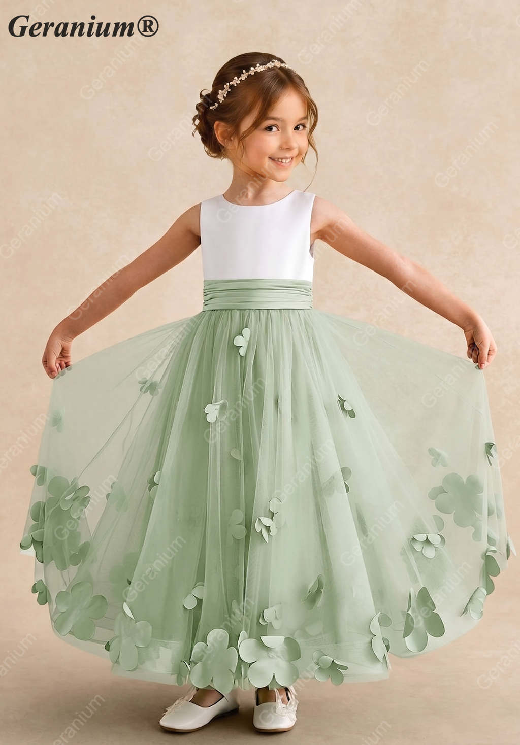 Geranium Two-Tone White & Sage Green Flower Girl Dress with 3D Floral Appliqués - Backless Princess Tulle Gown KD-187
