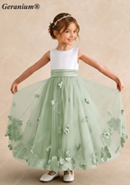 Geranium Two-Tone White & Sage Green Flower Girl Dress with 3D Floral Appliqués - Backless Princess Tulle Gown KD-187