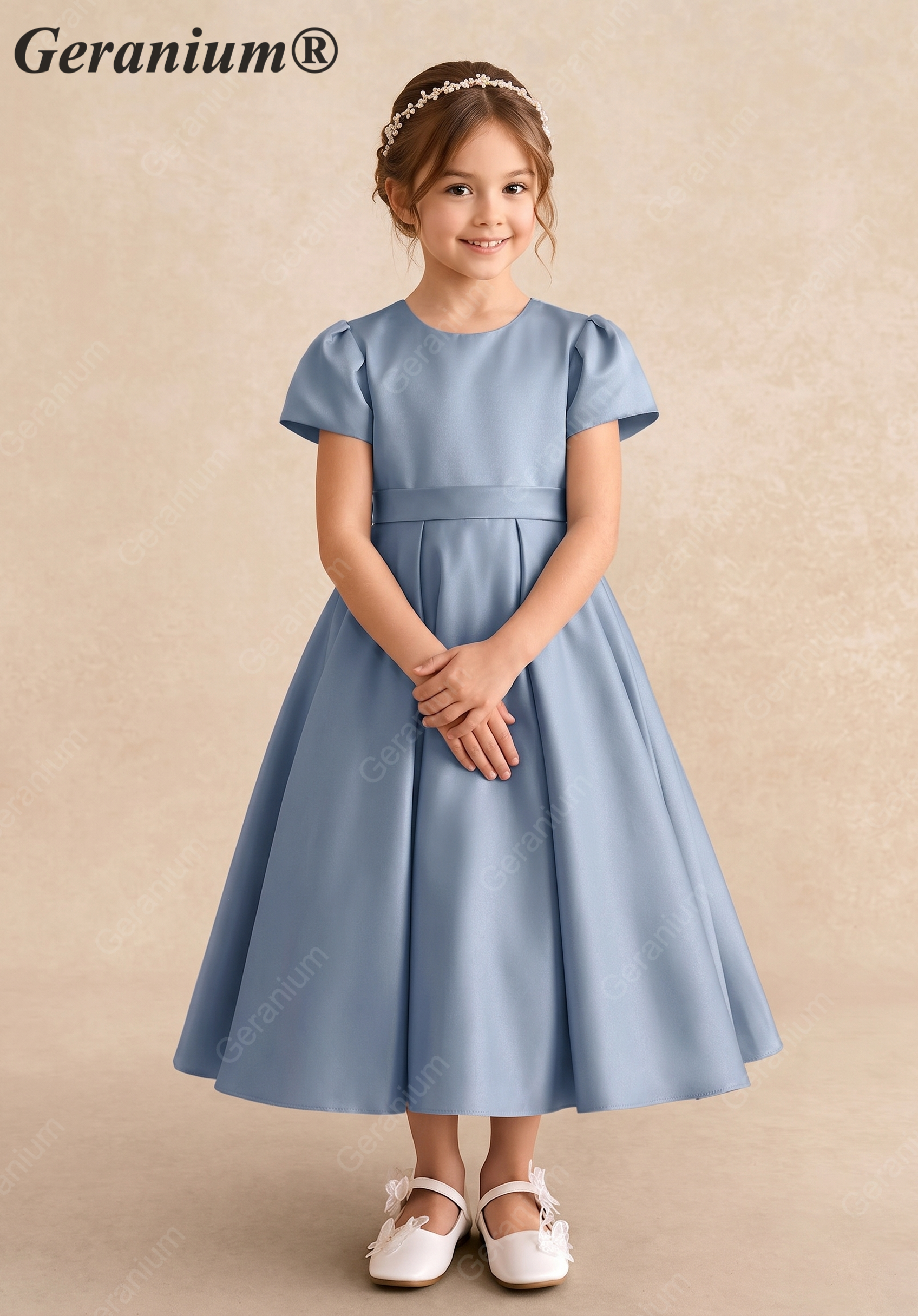 Geranium Elegant Dusty Blue Satin Flower Girl Dress - Puffy Short Sleeve Princess Gown with Back Bow KD-191 Secondary image