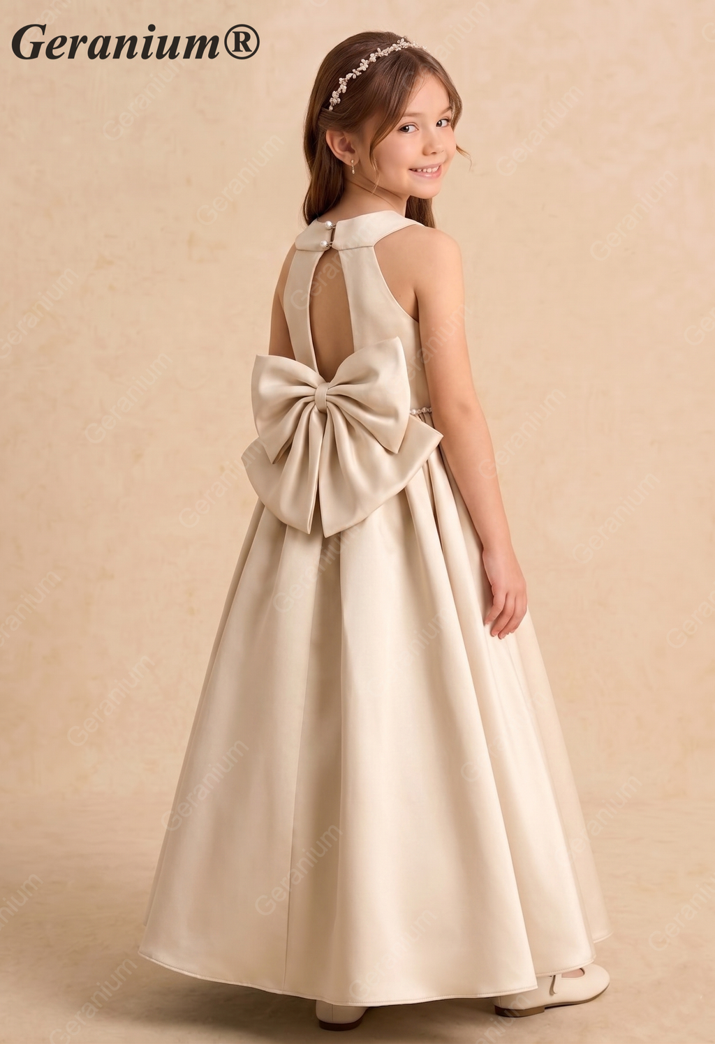 Geranium Elegant Champagne Satin Flower Girl Dress - Backless A-Line Princess Gown with Detachable Bow KD-302