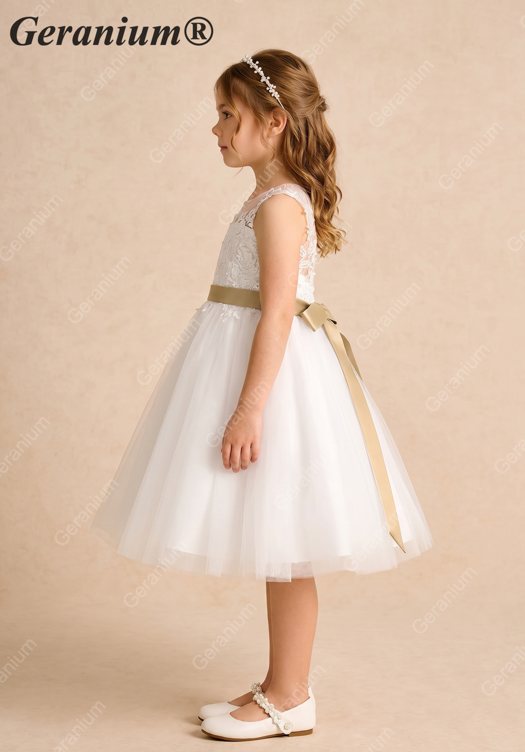 Geranium Elegant Lace Applique Flower Girl Dress - Illusion Back Tulle Tutu Party Gown with Champagne Sash KD-216