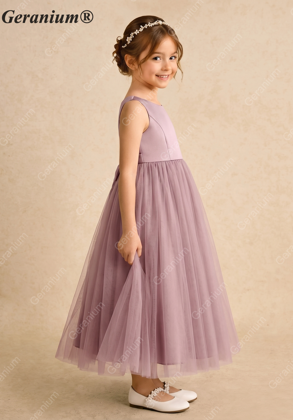 Geranium Heart Back Dusty Rose Tulle Flower Girl Dress with Oversized Detachable Bow KD-182