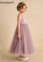 Geranium Heart Back Dusty Rose Tulle Flower Girl Dress with Oversized Detachable Bow KD-182