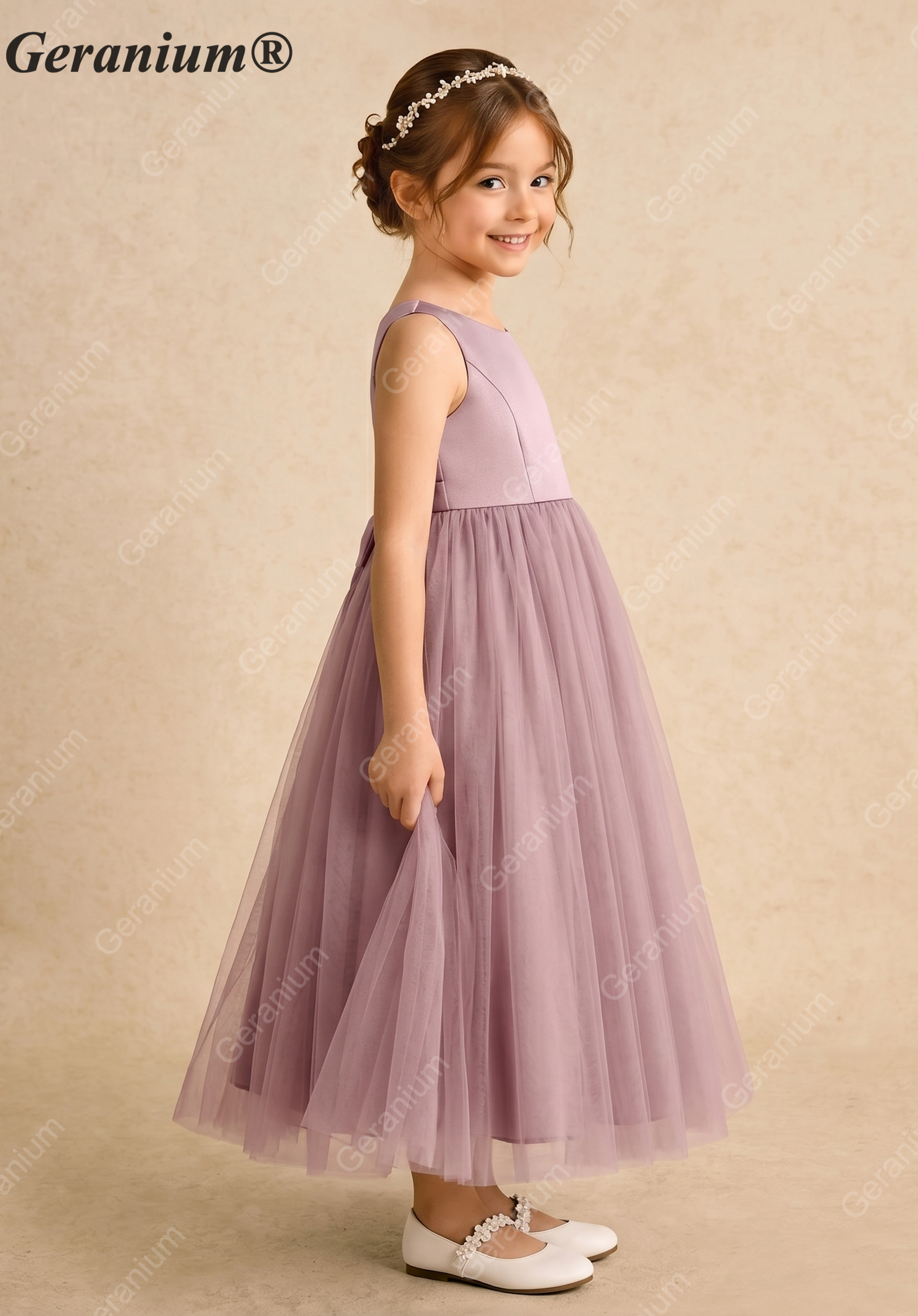 Geranium Heart Back Dusty Rose Tulle Flower Girl Dress with Oversized Detachable Bow KD-182