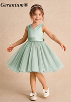 Geranium Sage Green Tulle Flower Girl Dress with Oversized Pearl Bow & Satin Bodice KD-256