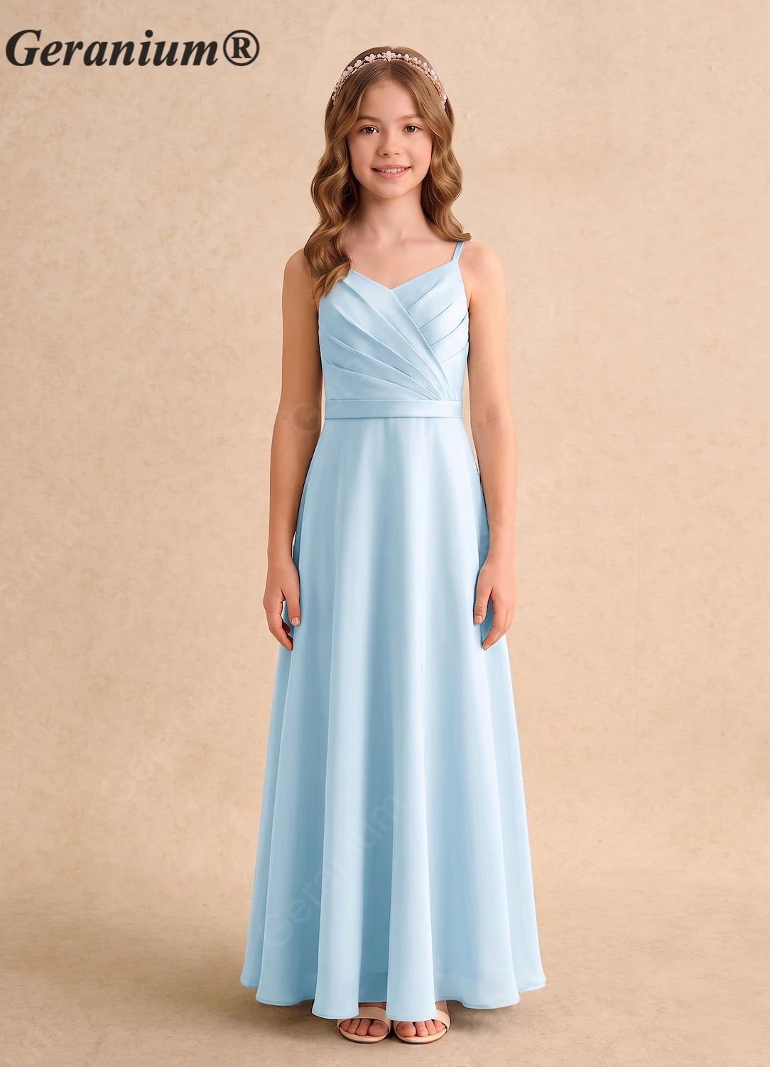 Geranium Elegant Pleated V-Neck Chiffon Junior Bridesmaid Dress with Criss-Cross Back KD-130 Main image