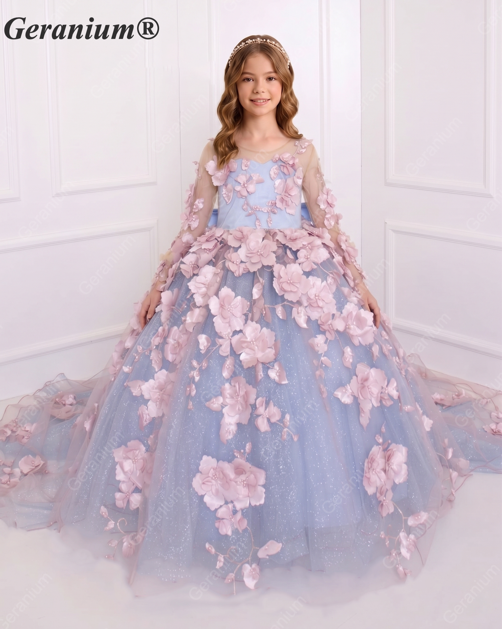 Geranium Couture 3D Floral Junior Pageant Ball Gown with Illusion Sleeves & Tulle Train KD-375