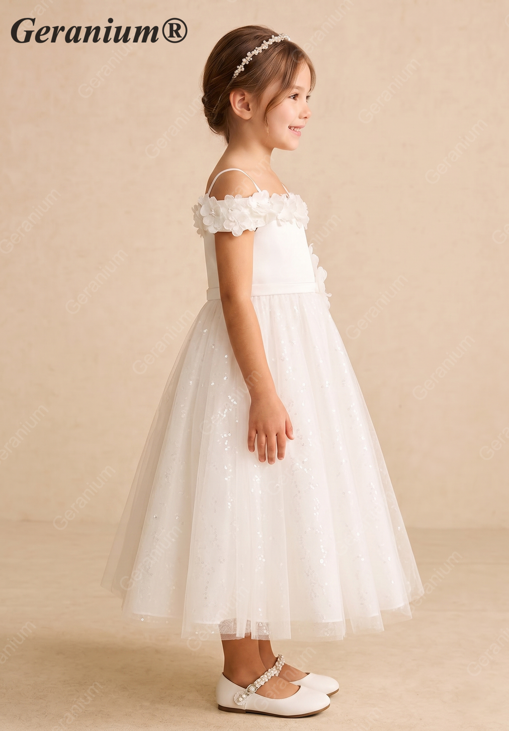 Geranium 2-in-1 Off-the-Shoulder Flower Girl Dress with 3D Floral Appliques & Tulle Skirt KD-233