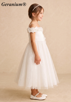 Geranium 2-in-1 Off-the-Shoulder Flower Girl Dress with 3D Floral Appliques & Tulle Skirt KD-233