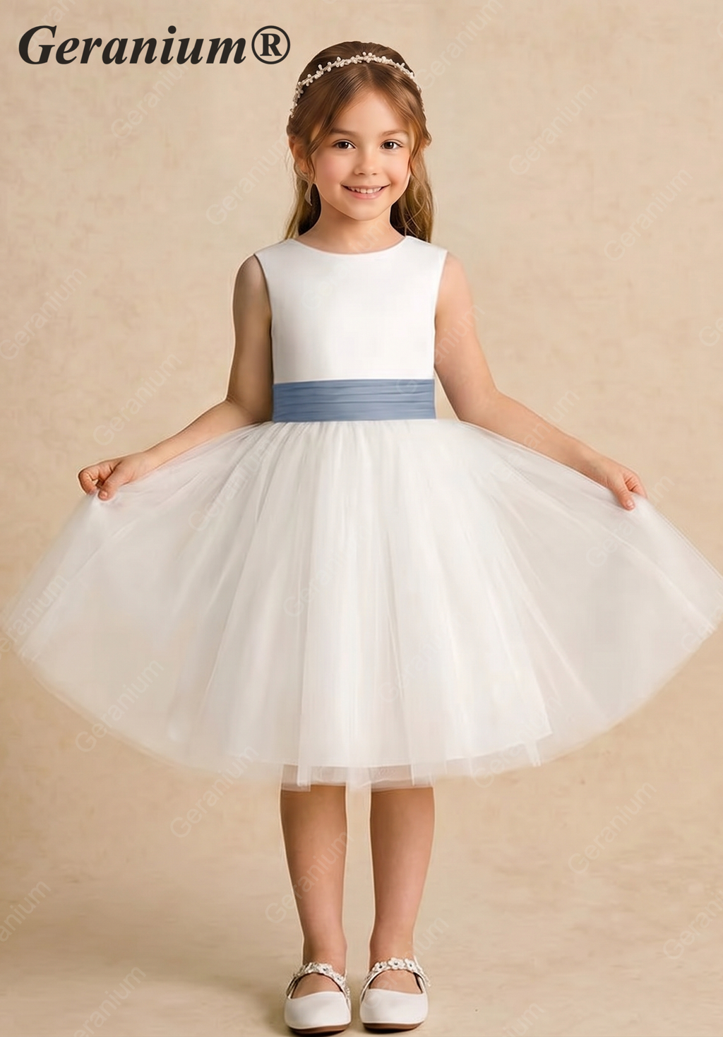 Geranium Elegant White Tulle Flower Girl Dress with Dusty Blue Pleated Sash & Oversized Back Bow KD-218