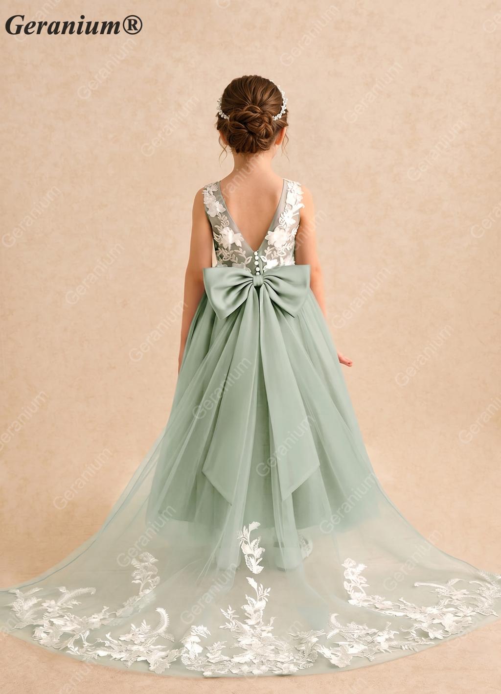 Geranium Enchanting Sage Green Tulle Flower Girl Dress with Floral Appliqués & Grand Bow Train KD-180