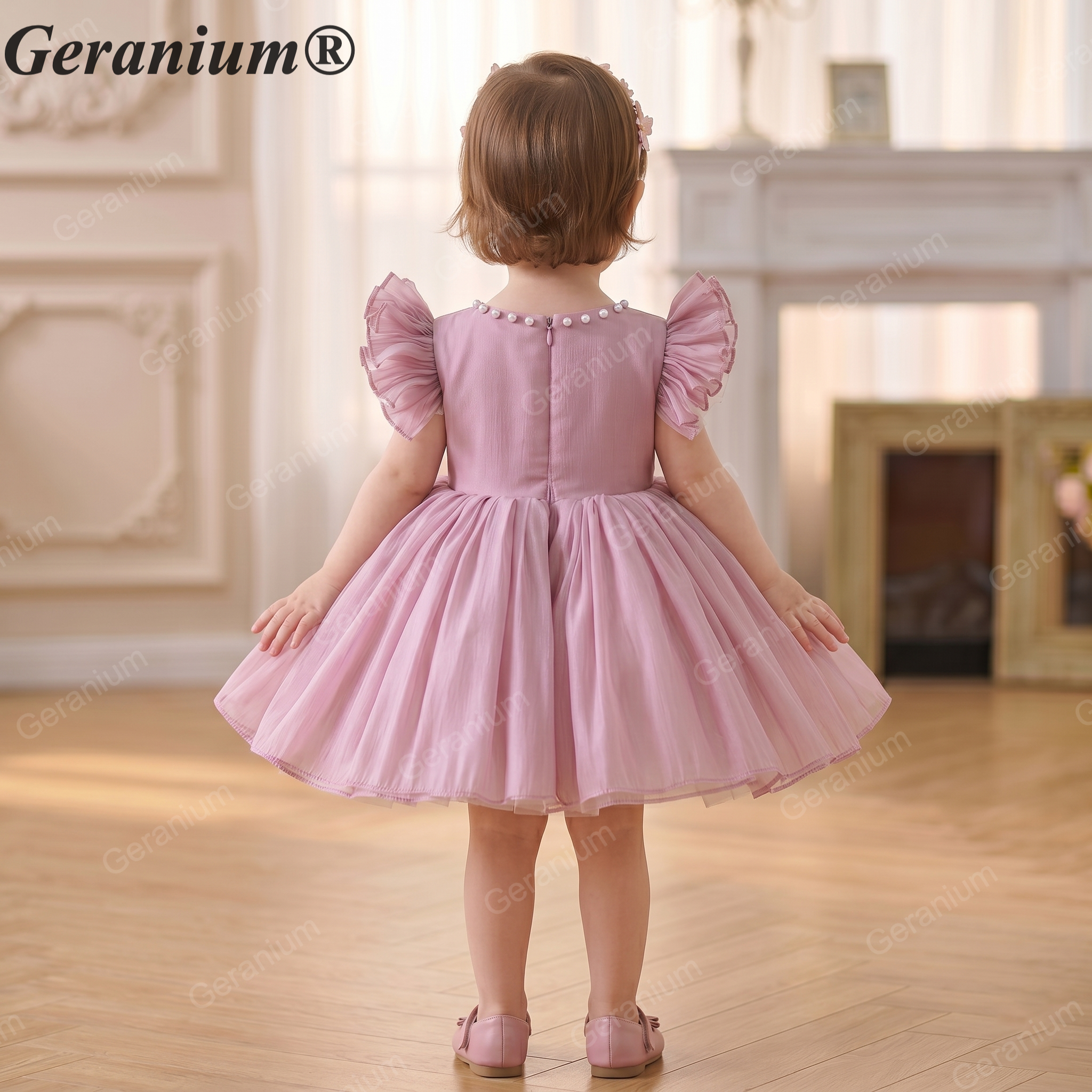 Geranium Rosette Pink Tulle Party Dress with Pearl Neckline & Ruffled Cap Sleeves – KD-371 Image secondaire du produit