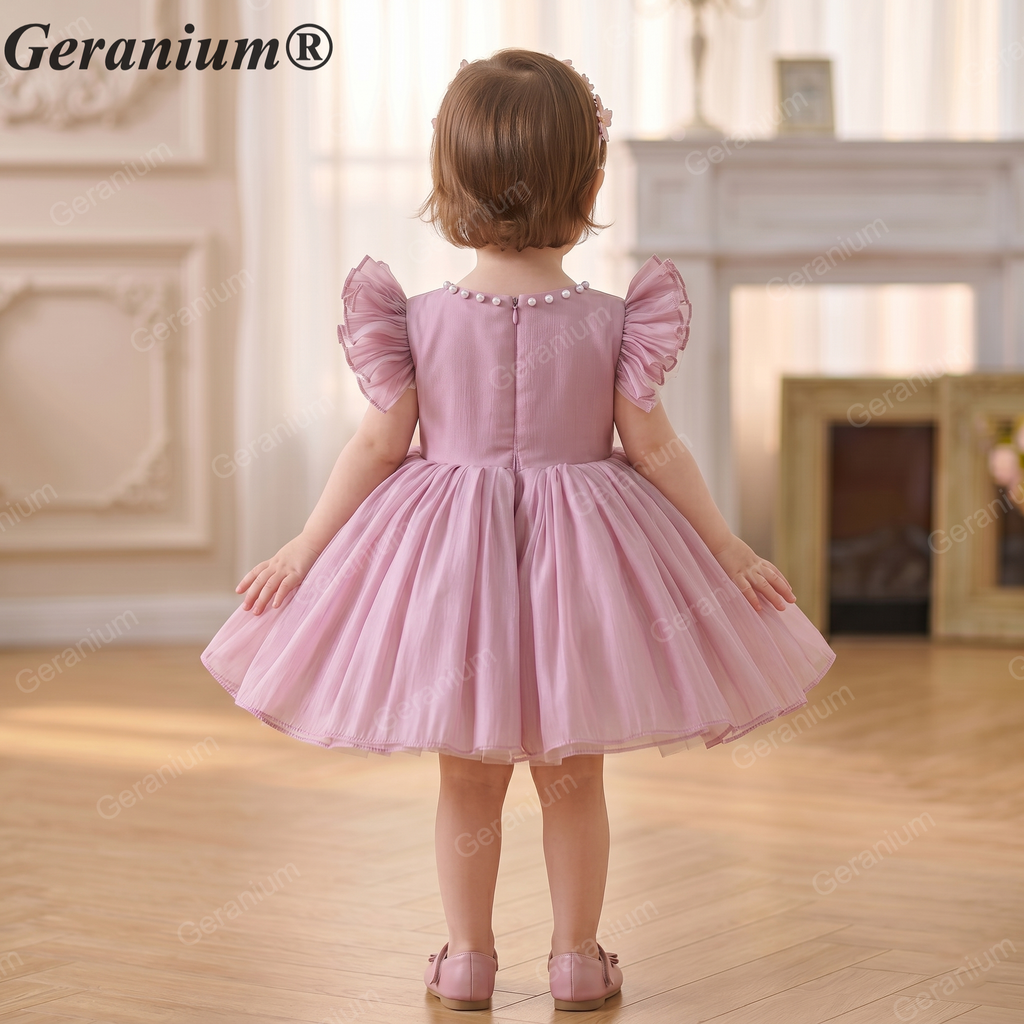 Geranium Toddler Girl Tulle Party Dress with Pearl Neckline and Ruffled Cap Sleeves - Perfect for Birthdays, Flower Girls, Formal Events KD-371
