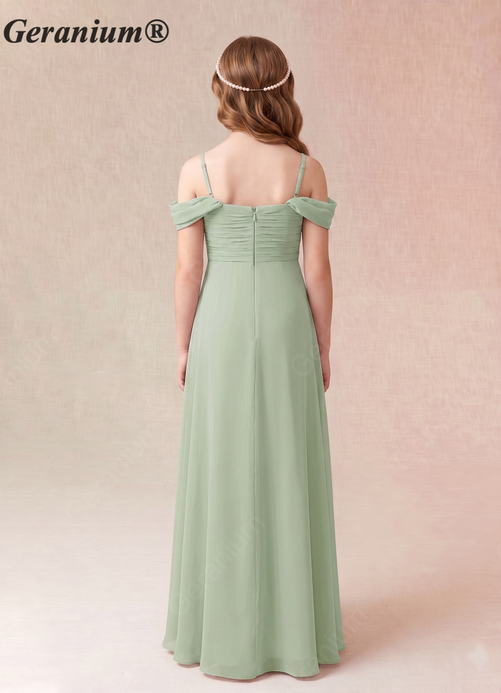 Geranium Sage Green Chiffon Off-Shoulder A-Line Maxi Dress with Ruched Bodice – Elegant Flowy Bridesmaid Dress KD-158