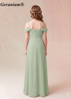 Geranium Sage Green Chiffon Off-Shoulder A-Line Maxi Dress with Ruched Bodice – Elegant Flowy Bridesmaid Dress KD-158