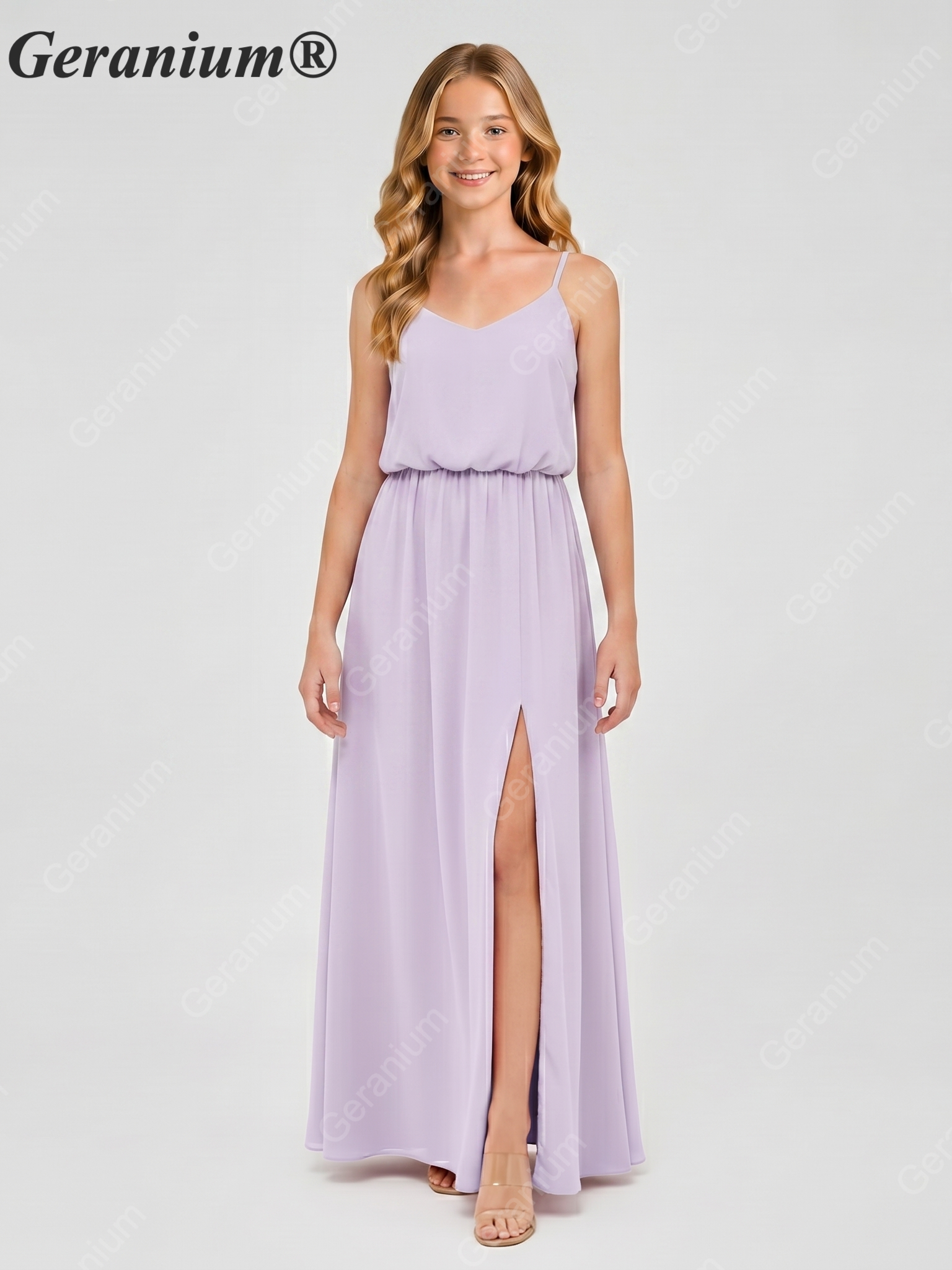 Geranium Elegant Chiffon Spaghetti Strap Junior Bridesmaid Dress with Leg Slit KD-314