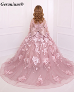 Geranium Couture 3D Floral Junior Pageant Ball Gown with Illusion Sleeves & Tulle Train KD-375
