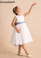 Geranium Elegant White Chiffon Flower Girl Dress with Dusty Blue Detachable Bow Sash & Ruffle Neckline KD-284