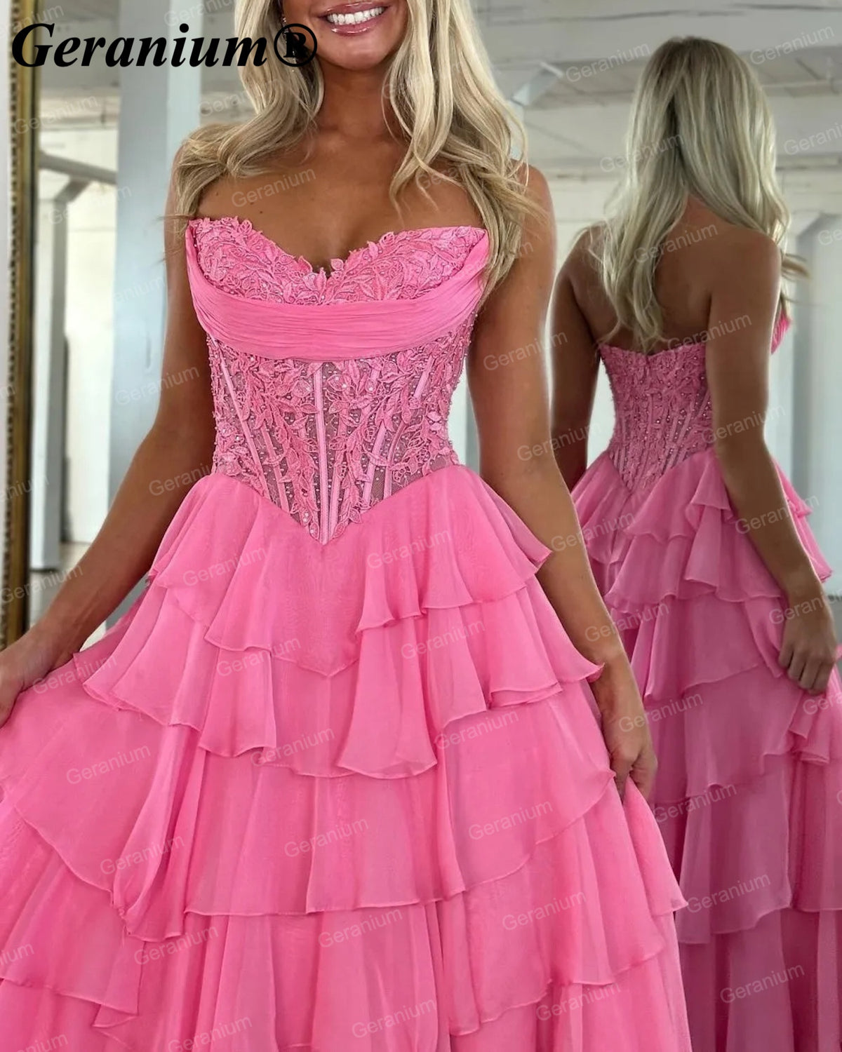 GERANIUM Sweetheart Corset Tiered Ruffle Ball Gown Prom Dress GER689P