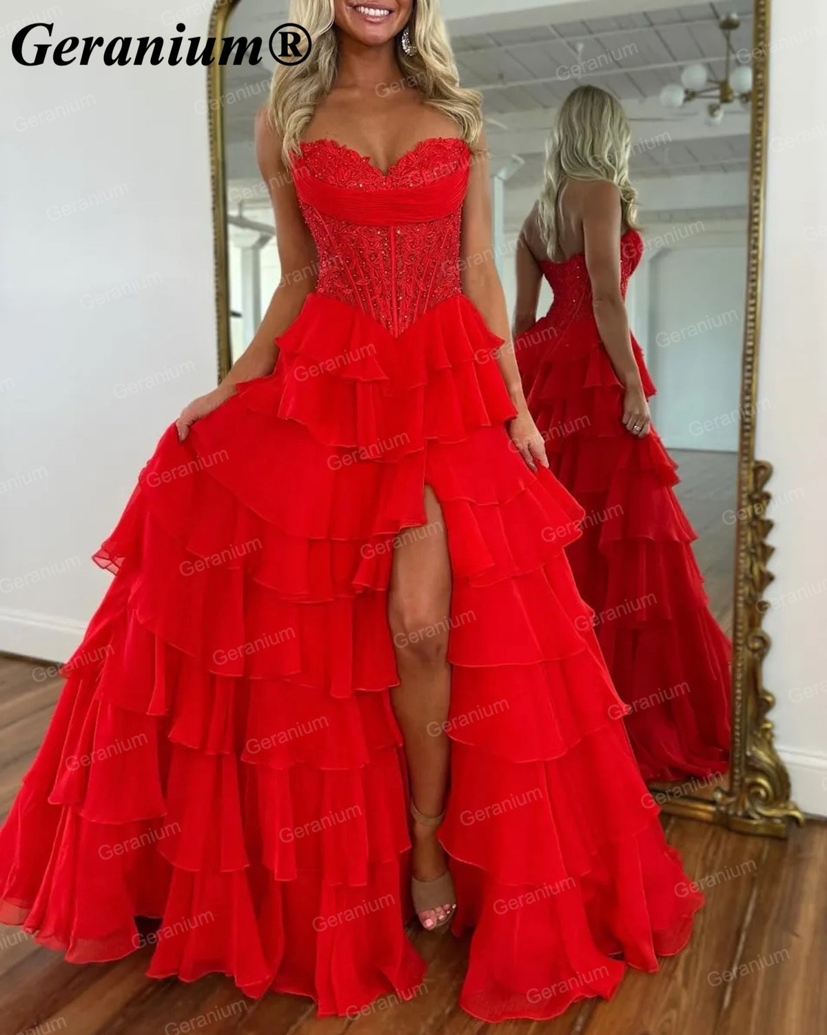 GERANIUM Sweetheart Corset Tiered Ruffle Ball Gown Prom Dress GER689P