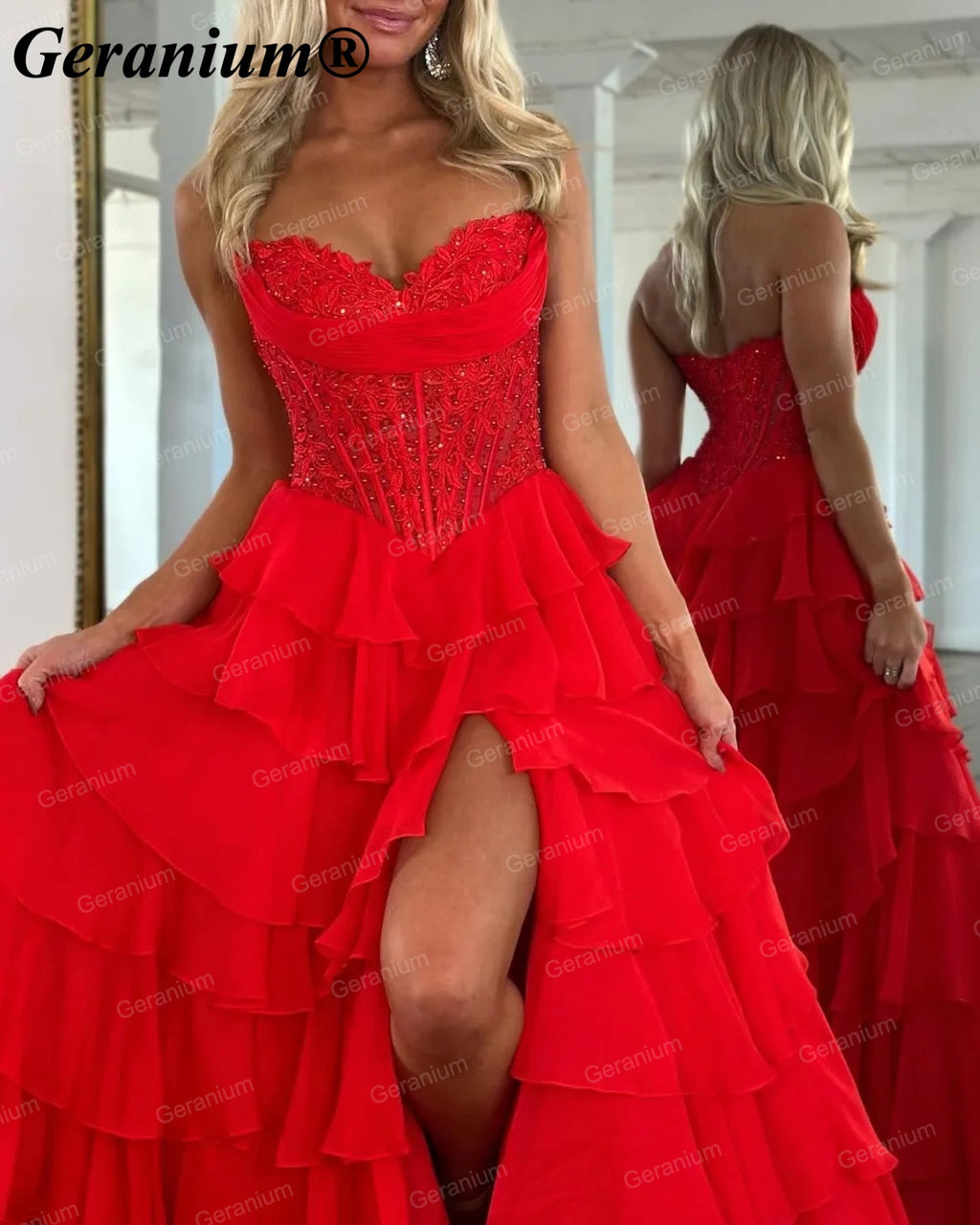 GERANIUM Sweetheart Corset Tiered Ruffle Ball Gown Prom Dress GER689P