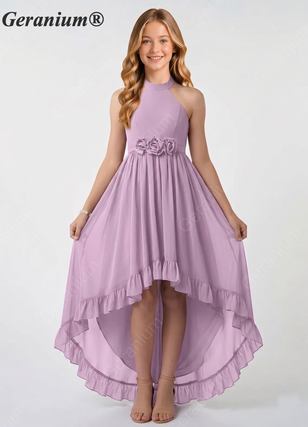 Geranium Lilac Halter High Low Junior Bridesmaid Dress with Floral Waist Chiffon Flowy Formal Dress for Girls KD-59