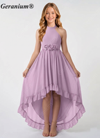 Geranium Lilac Halter High Low Junior Bridesmaid Dress with Floral Waist Chiffon Flowy Formal Dress for Girls KD-59