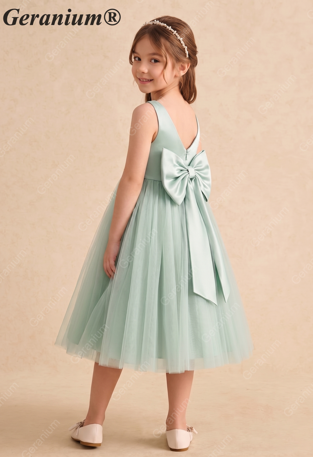 Geranium Elegant Sage Green Flower Girl Dress with Oversized Back Bow and Pearl Waistband KD-232