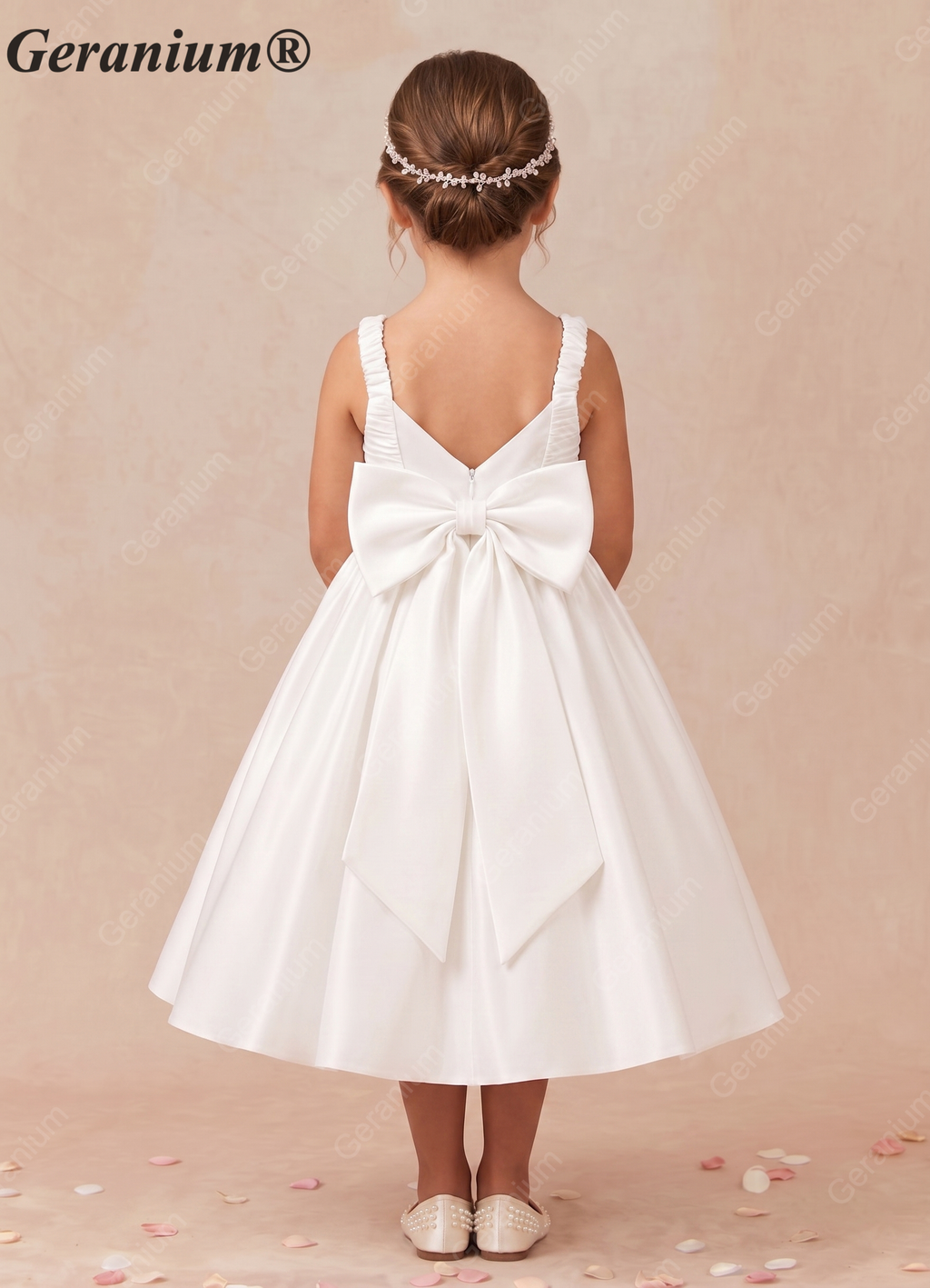 Geranium Elegant Lustrous Satin Flower Girl Dress - Pleated Bodice & Oversized Back Bow A-Line Gown KD-286