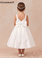 Geranium Elegant Lustrous Satin Flower Girl Dress - Pleated Bodice & Oversized Back Bow A-Line Gown KD-286