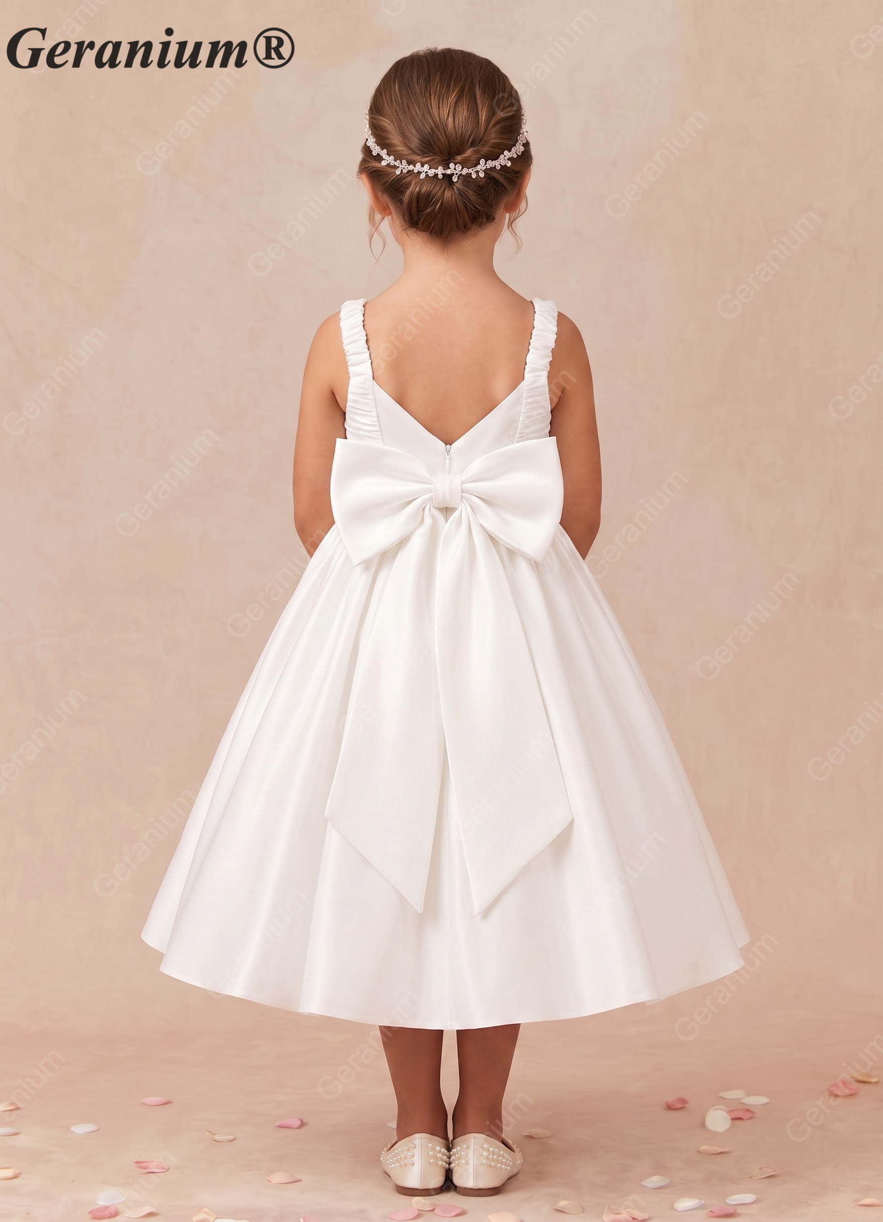 Geranium Elegant Lustrous Satin Flower Girl Dress - Pleated Bodice & Oversized Back Bow A-Line Gown KD-286