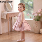Geranium Elegant Dusty Pink Satin Bow Toddler Girl Princess Dress - Pleated Party Gown for Birthdays & Weddings KD-50