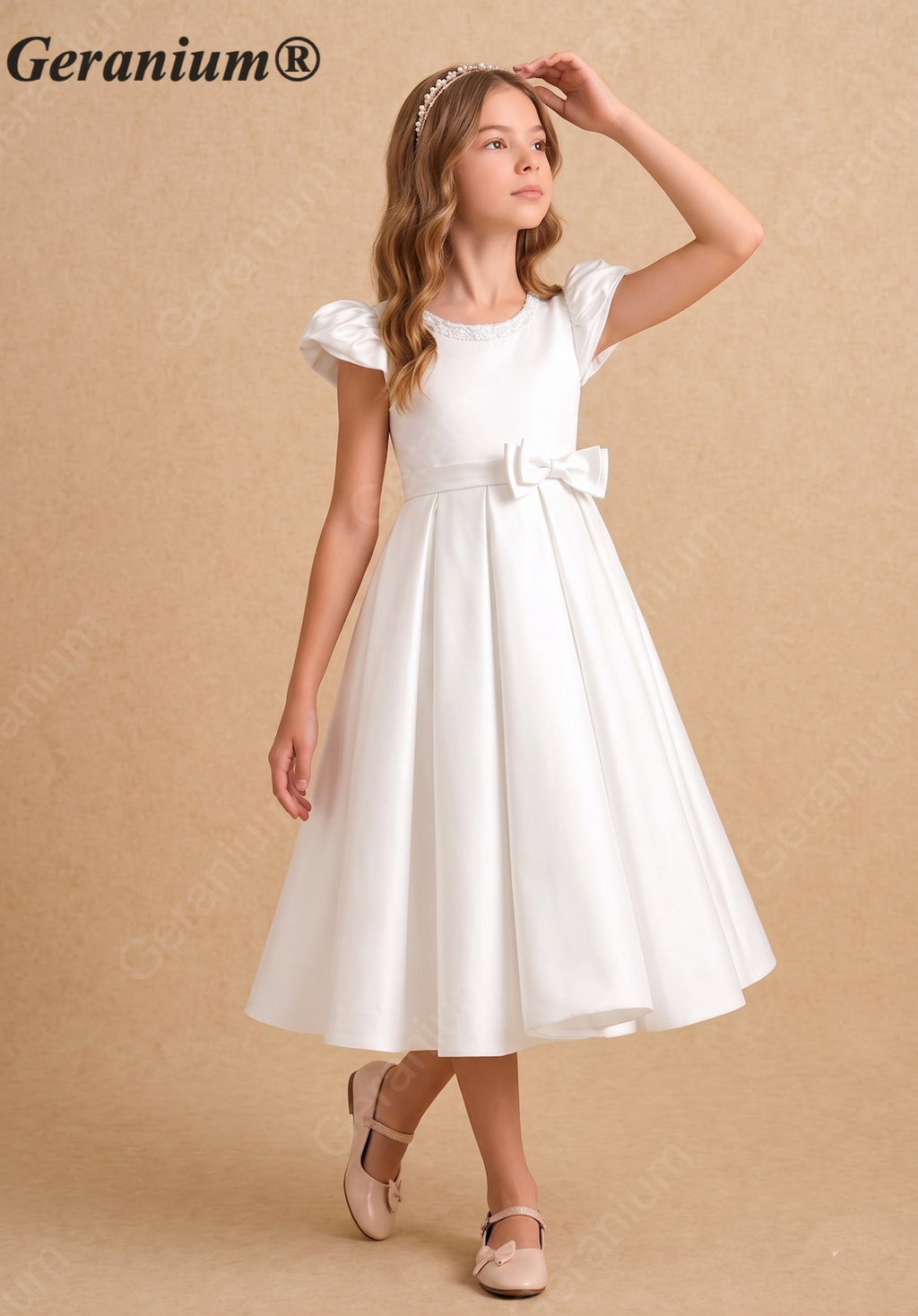 Geranium Elegant White Satin Flower Girl Dress with Pearl Neckline & Large Back Bow KD-223J