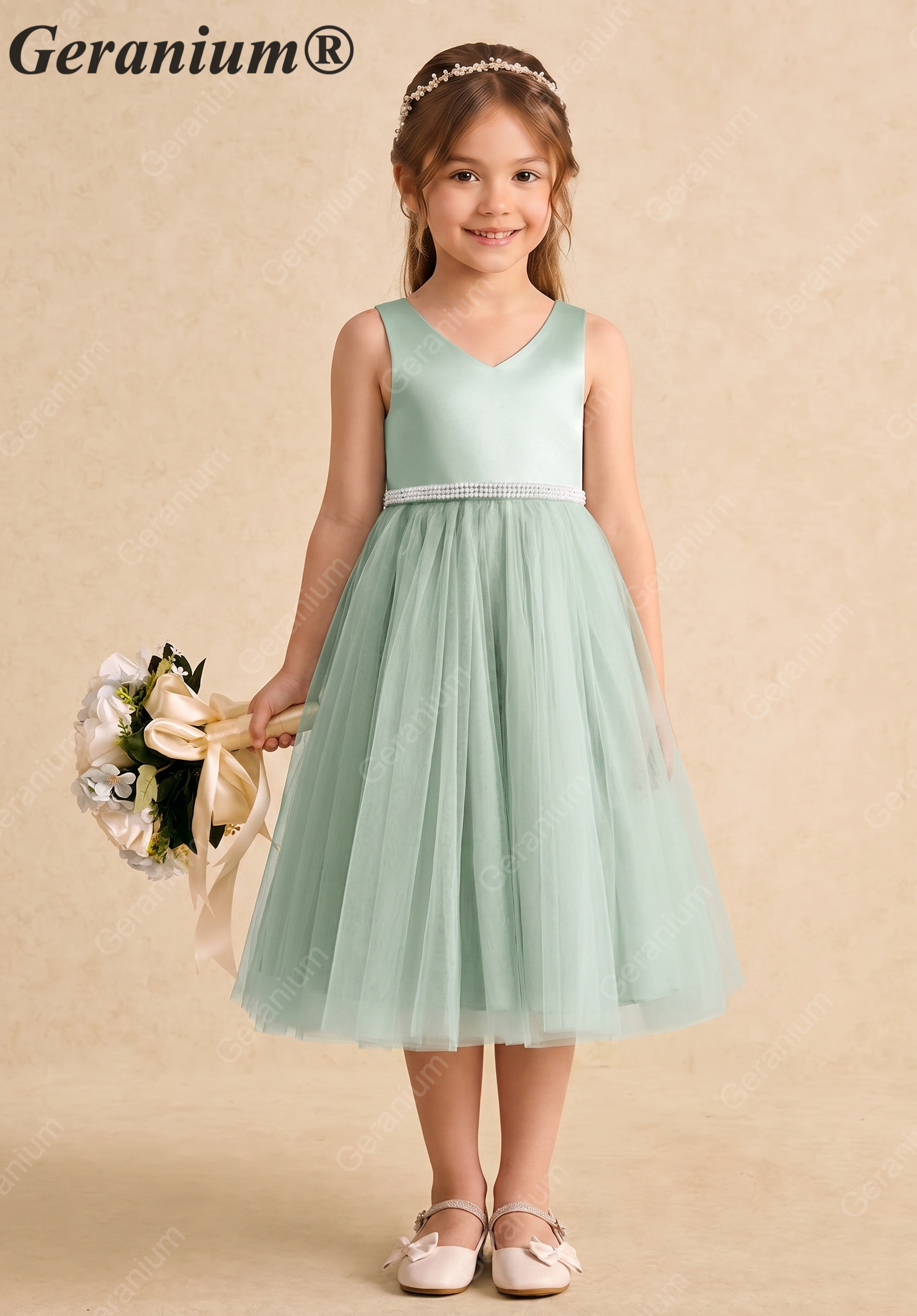 Geranium Elegant Sage Green Flower Girl Dress with Oversized Back Bow and Pearl Waistband KD-232 Main image