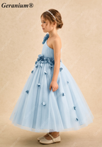 Geranium Light Blue One-Shoulder Flower Girl Dress with 3D Petal Accents & Tulle Skirt KD-253
