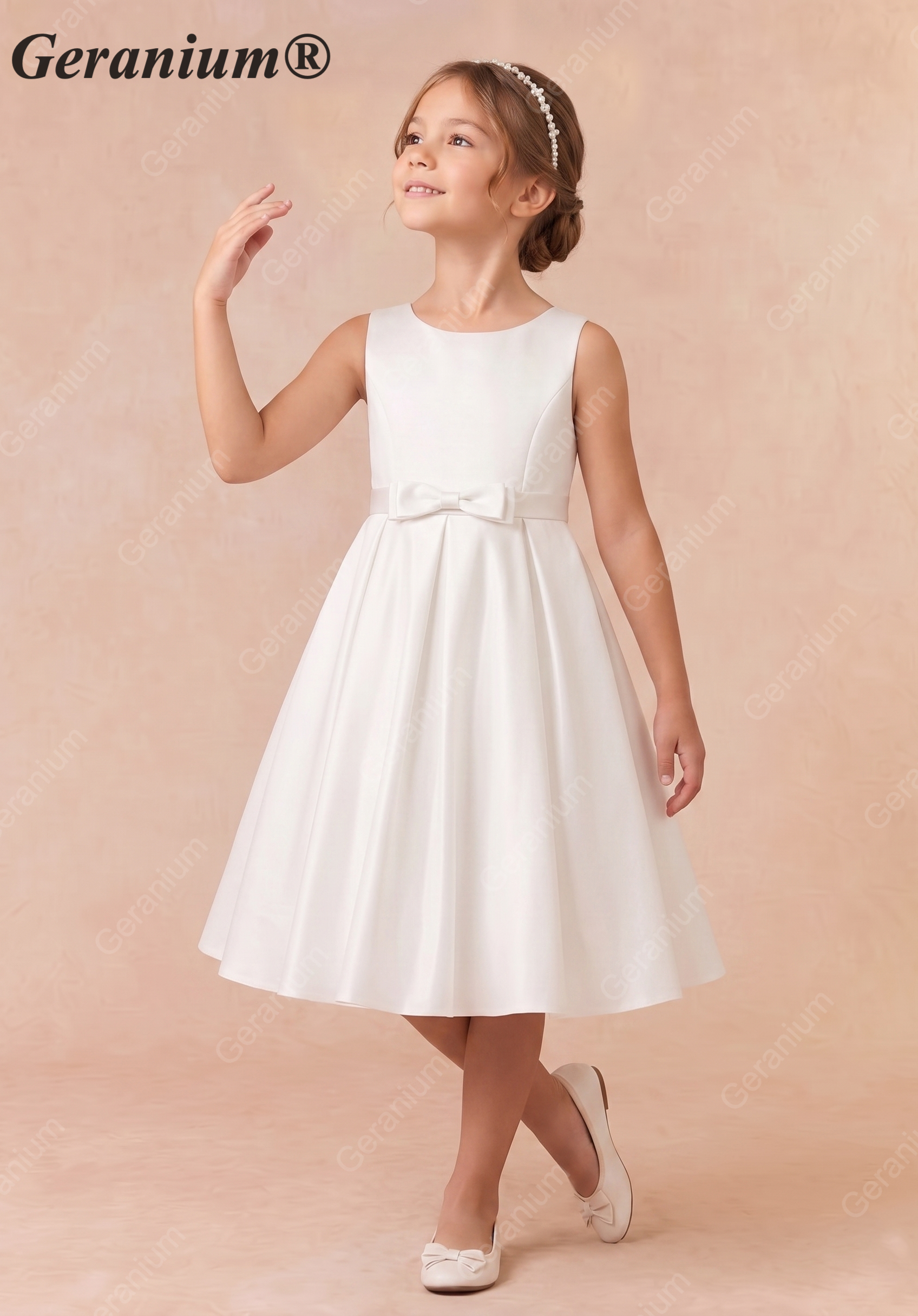 Geranium Elegant Satin Sleeveless Flower Girl Dress with Bow Sash - A-Line First Communion Princess Gown KD-261 Secondary image