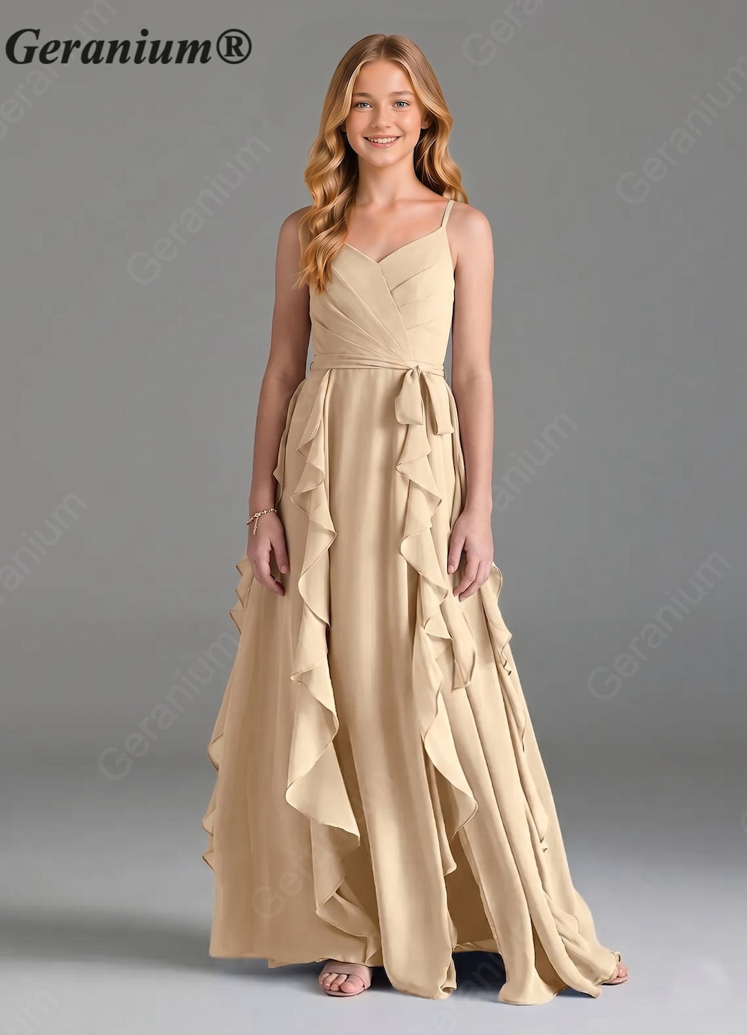 Geranium Sage Green Chiffon Junior Bridesmaid Dress with Ruffle Skirt – Spaghetti Strap V-Neck Teen Formal Dress KD-57