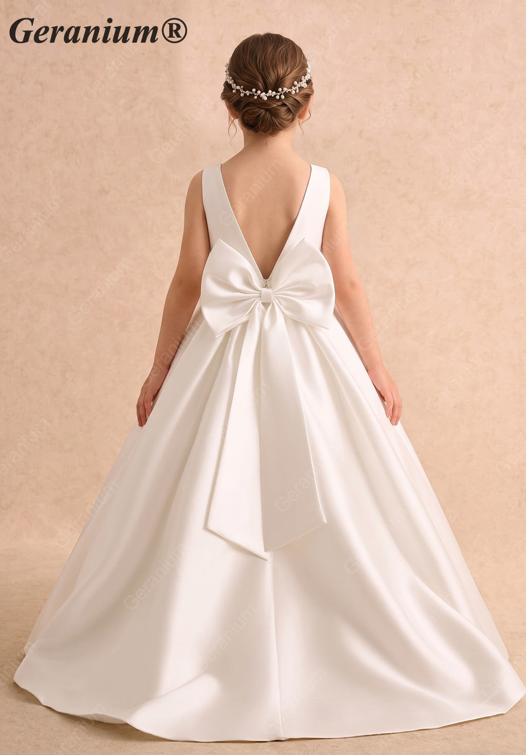 Gearanium Elegant Pearl Belt Satin Flower Girl Dress with Oversized Back Bow - Sleeveless A-Line Communion Gown KD-290