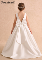 Gearanium Elegant Pearl Belt Satin Flower Girl Dress with Oversized Back Bow - Sleeveless A-Line Communion Gown KD-290