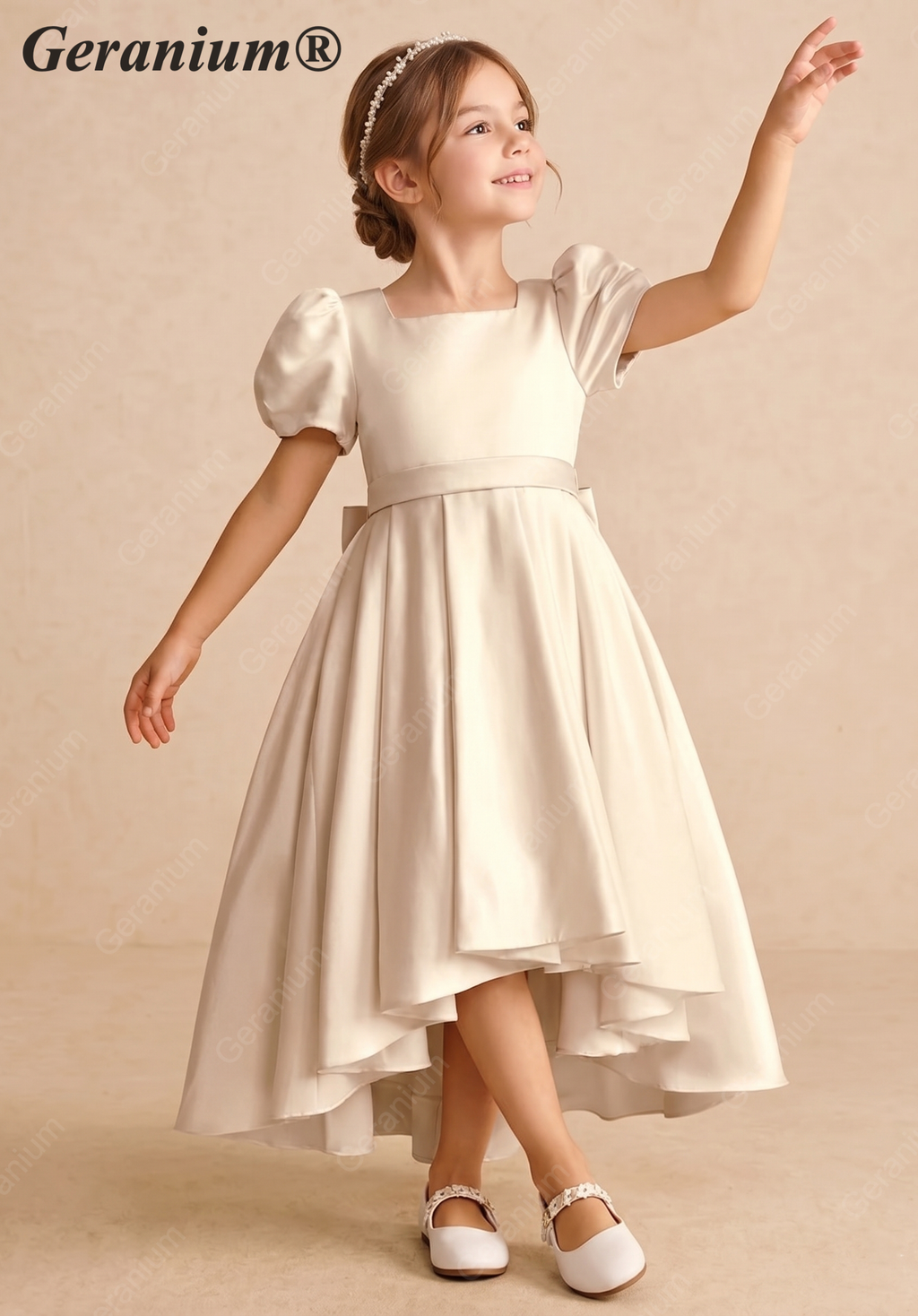 Geranium Satin Puff Sleeve Flower Girl Dress - High-Low First Communion Gown with Oversized Bow Back KD-249