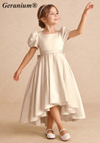 Geranium Satin Puff Sleeve Flower Girl Dress - High-Low First Communion Gown with Oversized Bow Back KD-249