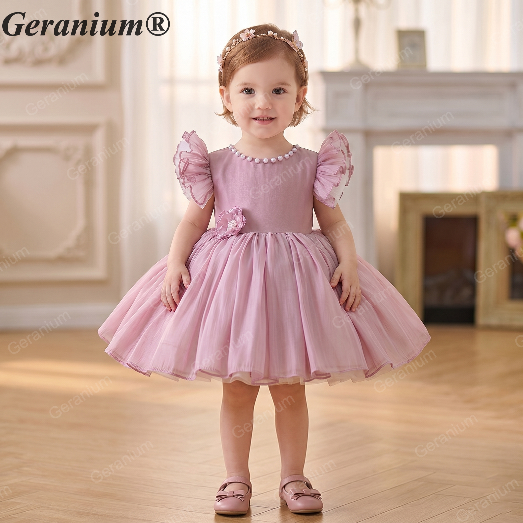 Geranium Toddler Girl Tulle Party Dress with Pearl Neckline and Ruffled Cap Sleeves - Perfect for Birthdays, Flower Girls, Formal Events KD-371