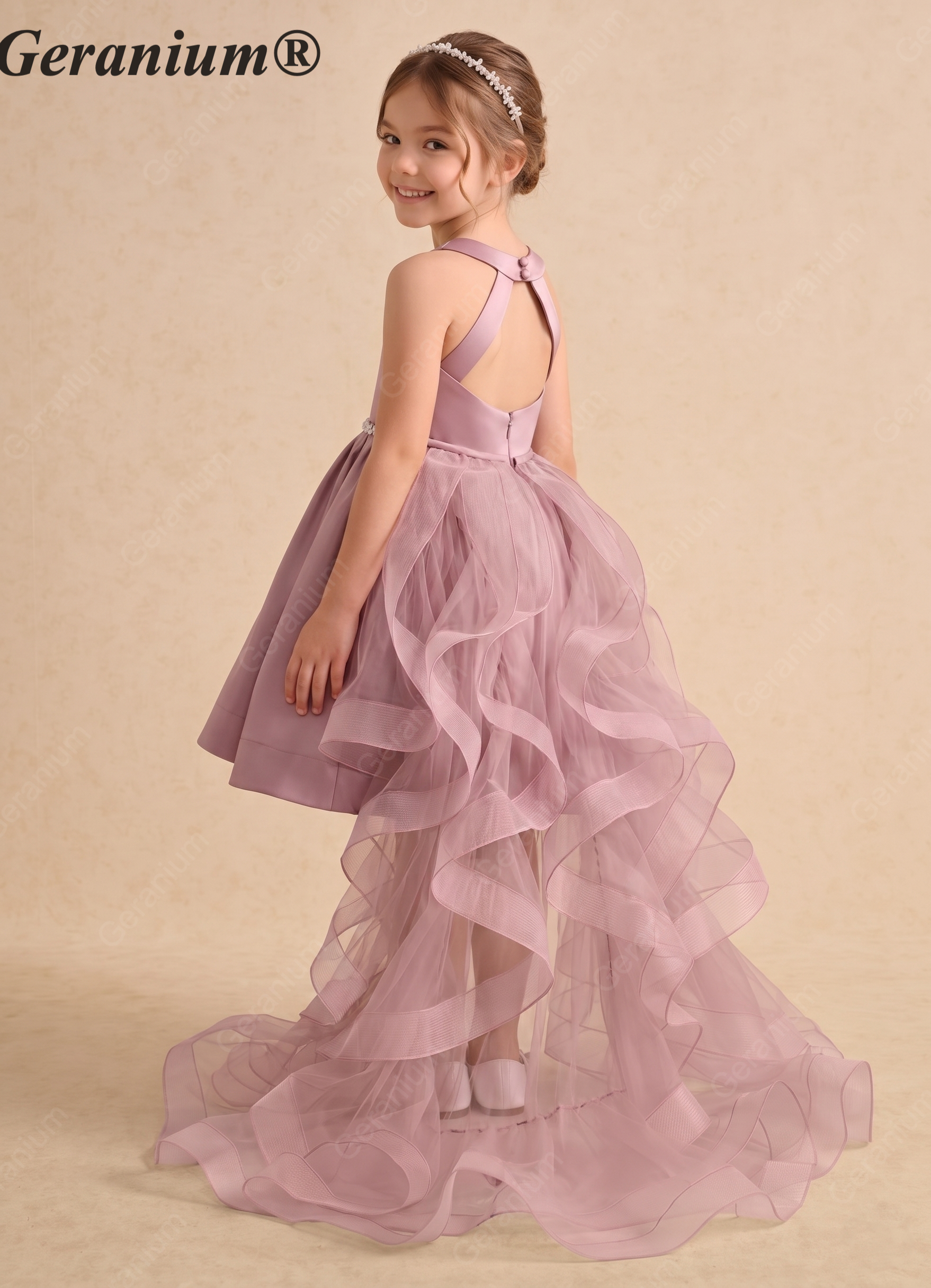 Geranium Mauve Satin Knee-Length Flower Girl Dress with Detachable Tulle Train – KD-283 Immagine secondaria del prodotto
