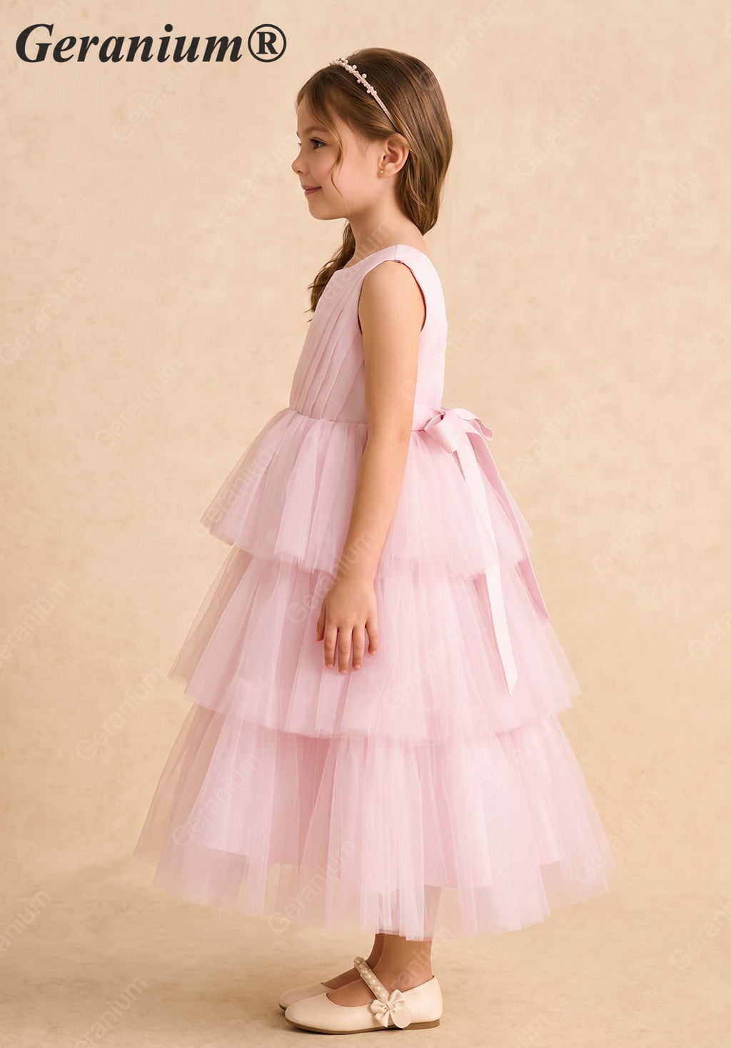Geranium Tiered Tulle Flower Girl Dress with Satin Bow - Sleeveless Pink Party Gown for Kids KD-296