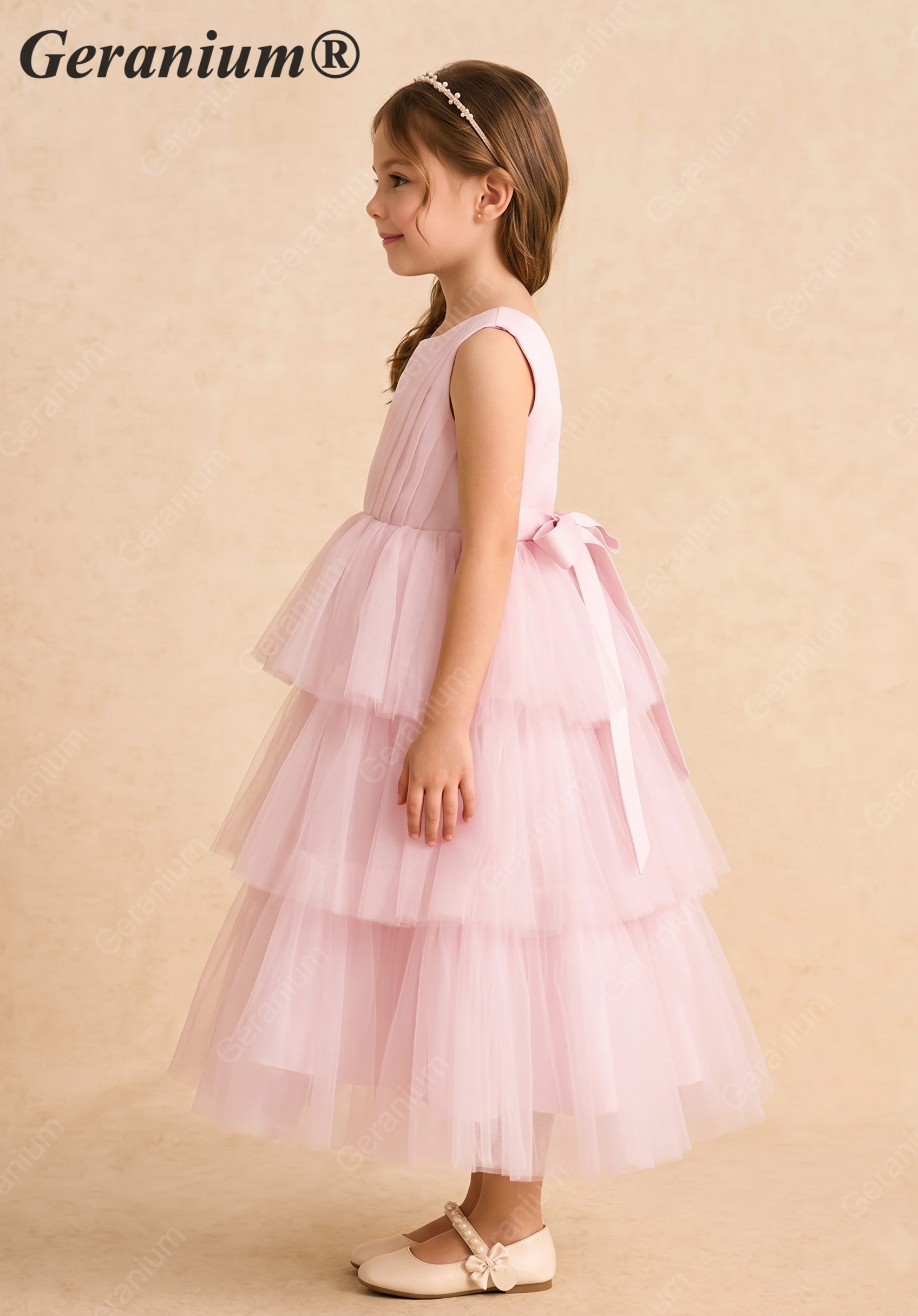 Geranium Tiered Tulle Flower Girl Dress with Satin Bow - Sleeveless Pink Party Gown for Kids KD-296