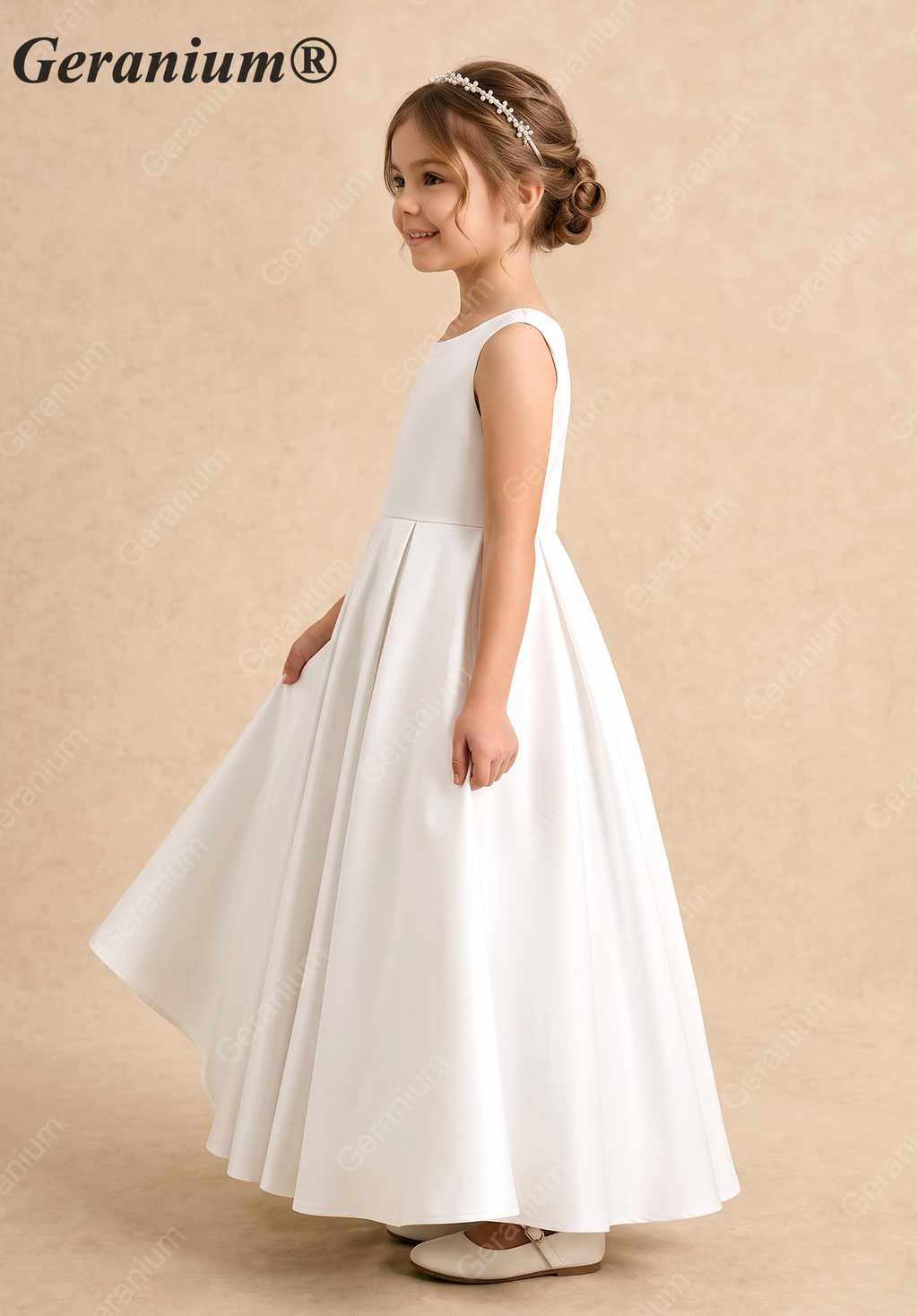 Geranium Elegant Minimalist Satin Flower Girl Dress: Open V-Back with Bow & Pleated A-Line Skirt KD-197